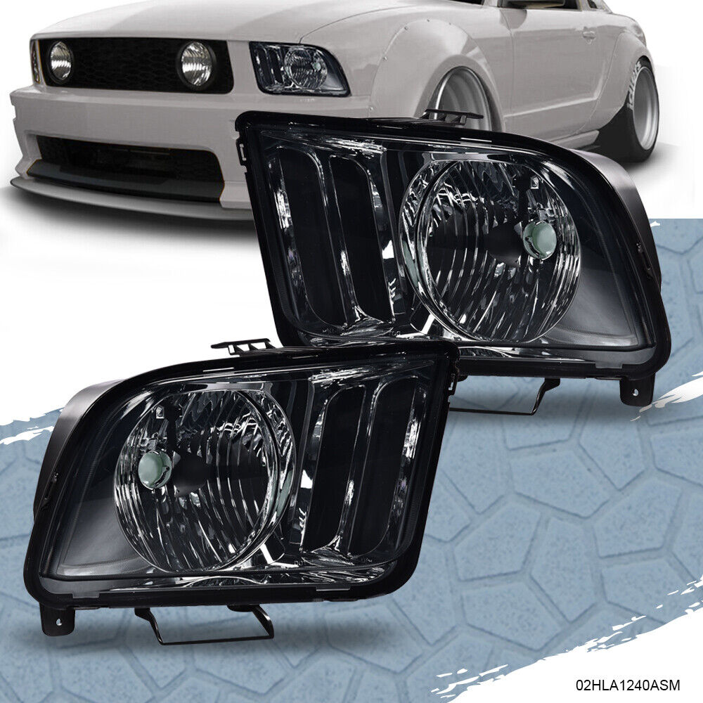 Fit For 2005-2009 Ford Mustang Left & Right Smoke/Black Halogen Headlight Lamps