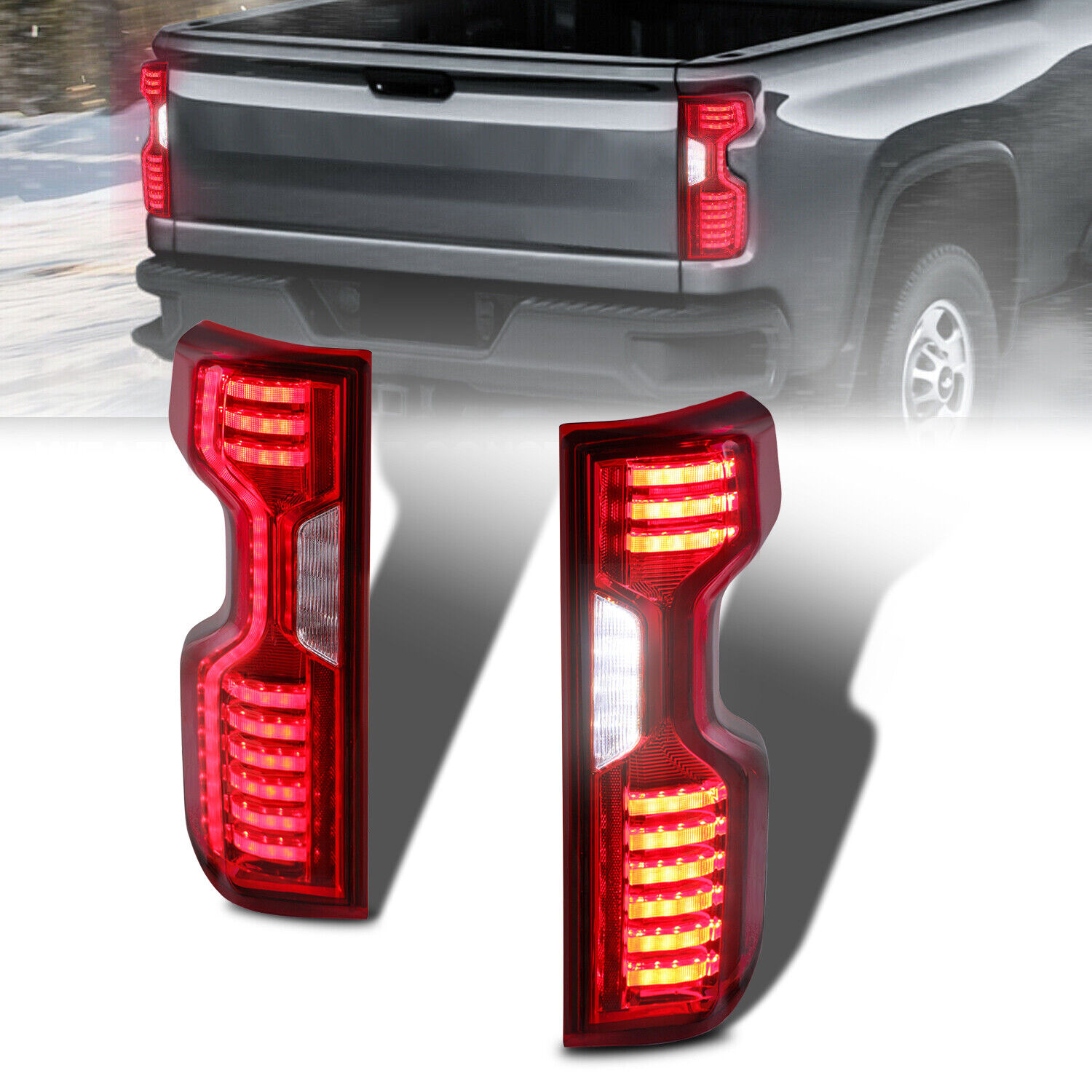 Pair Red Clear Full LED Tail Lights Assembly For 2019-2022 Chevrolet Silverado