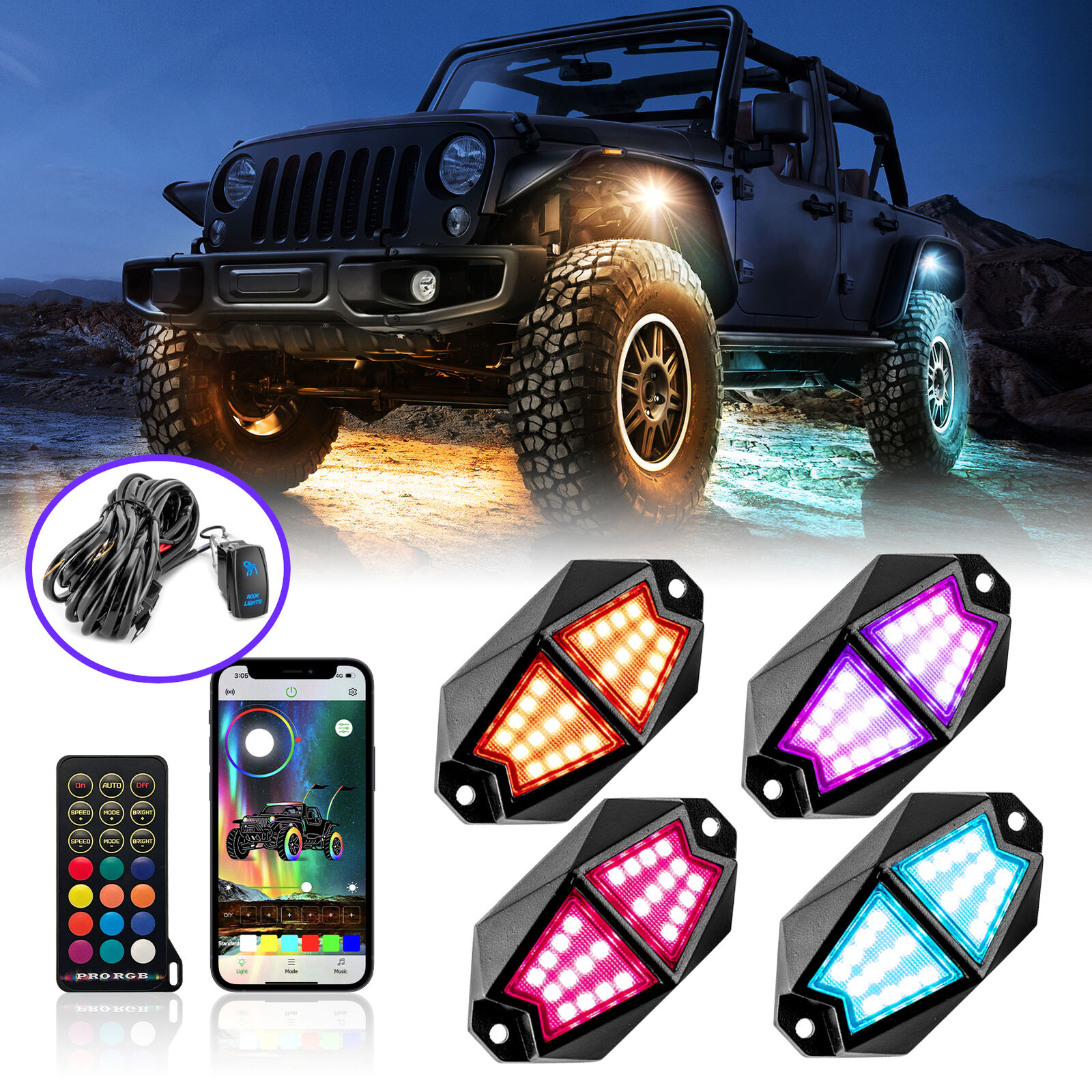 For Can Am Maverick X3 4-Pods RGB LED Rock Lights Wire Kit Underglow Wheel Light