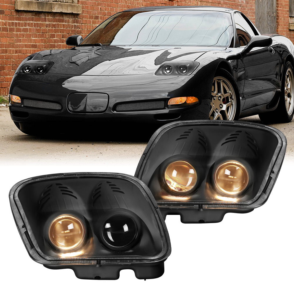 Pair Black Dual Projector Headlights Lamps LH+RH For 1997-04 Chevy Corvette C5