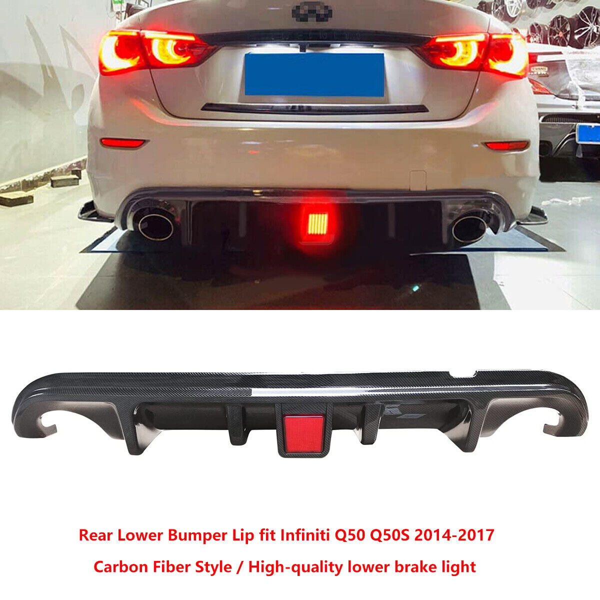 New Carbon Fiber Rear Bumper Diffuser Lip fit Infiniti Q50 2014-2017 LED LIGHT