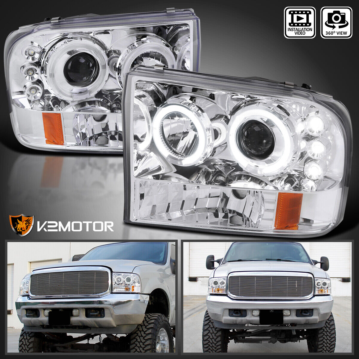 Fits 1999-2004 Ford F250 F350 SuperDuty LED Halo Projector Headlights Left+Right