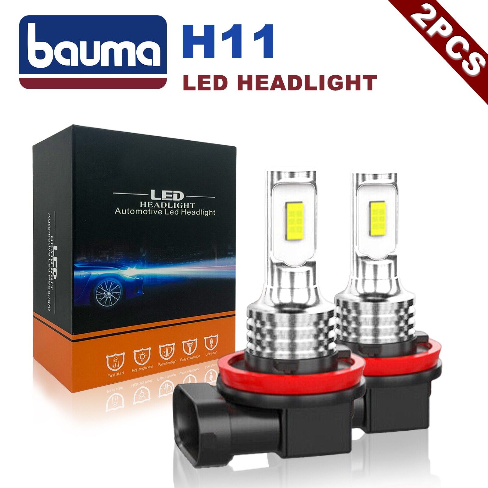 2x New H11 CSP LED Headlight Kit High Low Beam Bulb Super Bright 6000K White