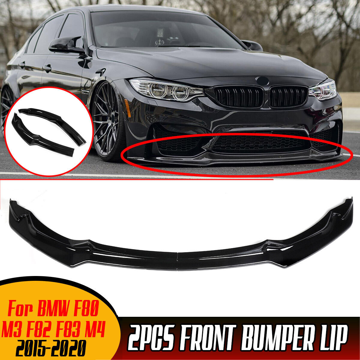 Gloss Black Front Bumper Lip Splitter CS Style For 2015-20 BMW F80 M3 F82 F83 M4