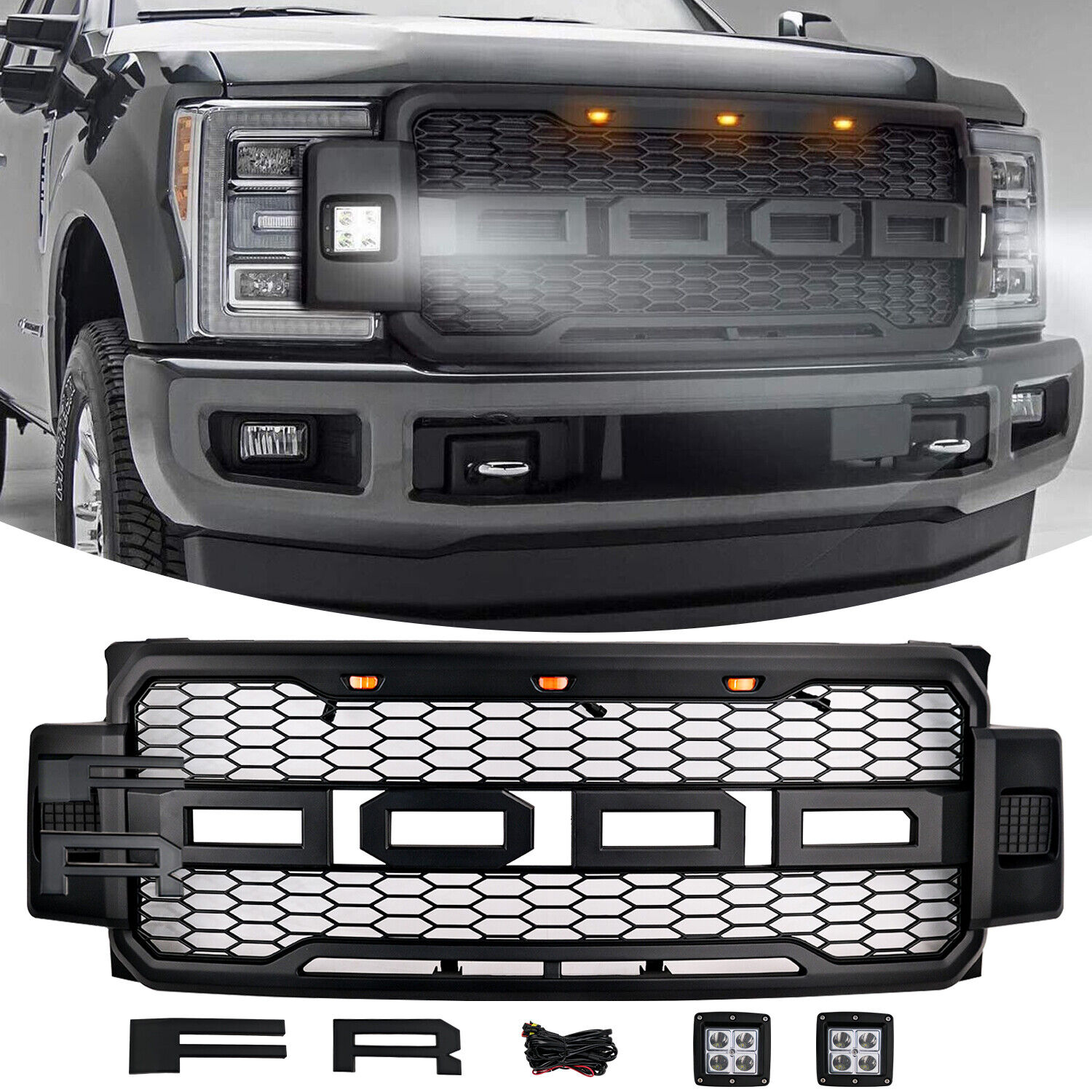 Front Grill For 2017 2018 2019 Ford F250 F350 F450 Super Duty Black Grille Light