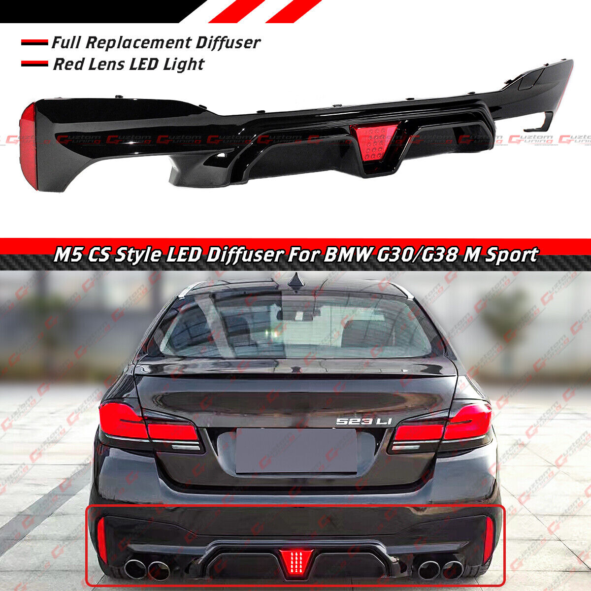 For 17-23 BMW G30 5 Series M5 CS Style Gloss Blk Rear Bumper Diffuser W/ Red LED