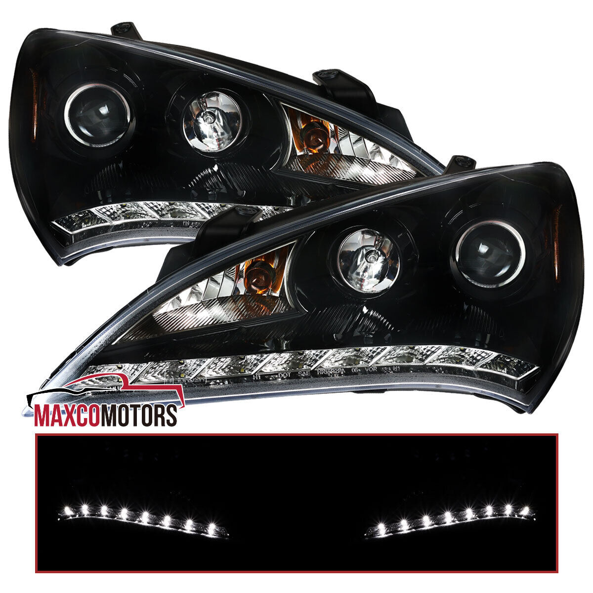 Jet Black Projector Headlight Fits 2010-2012 Hyundai Genesis 2Dr Coupe LED Strip