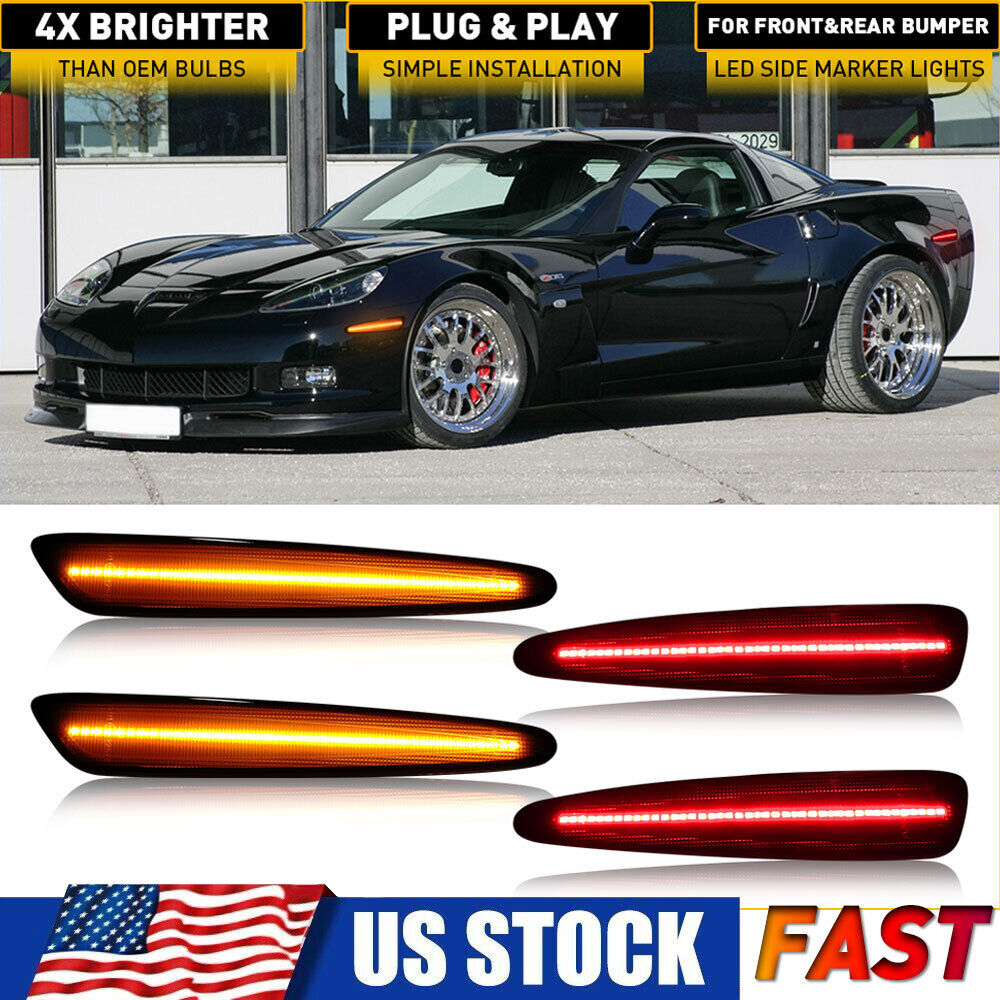 For 05-2013 Chevy Corvette C6 Smoked Front Rear LED Side Marker Lights Amber+Red