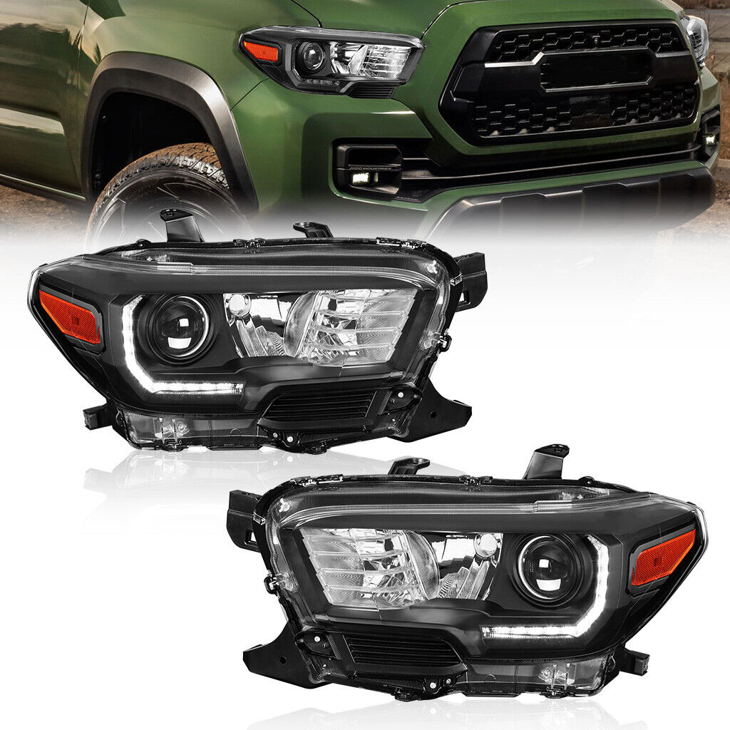 Pair Black Headlights For Toyota Tacoma 2016-2021 W/ LED DRL Projector Halogen