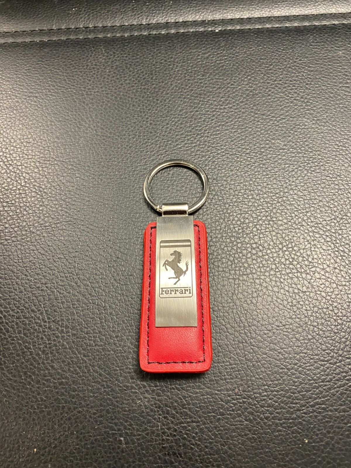 New Genuine Red Leather Ferrari Metal Key Ring - 