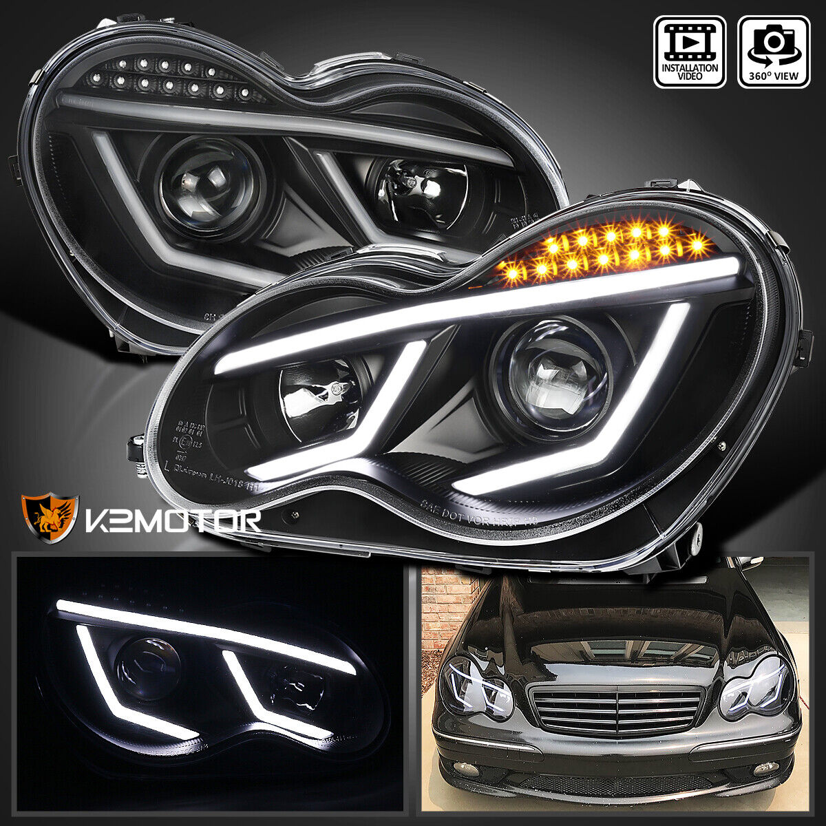 Fits Black 2001-2007 Mercedes Benz W203 C230 C240 LED Strip Projector Headlights