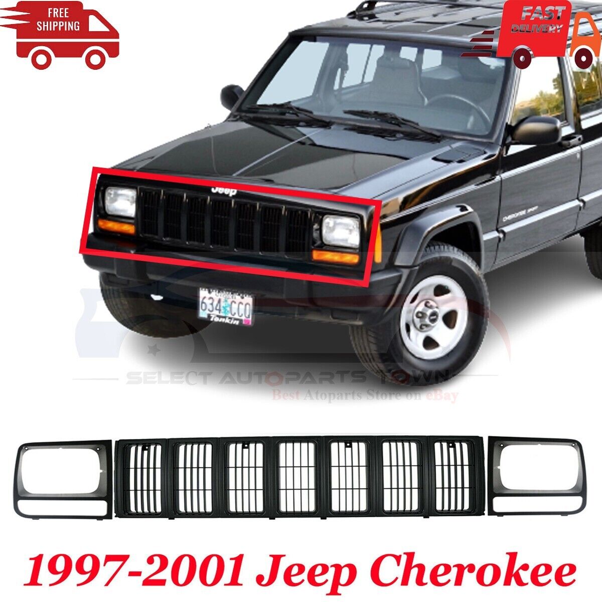 New Fits 97-01 Jeep Cherokee Front Grille & Headlamp Door Plastic Painted Black