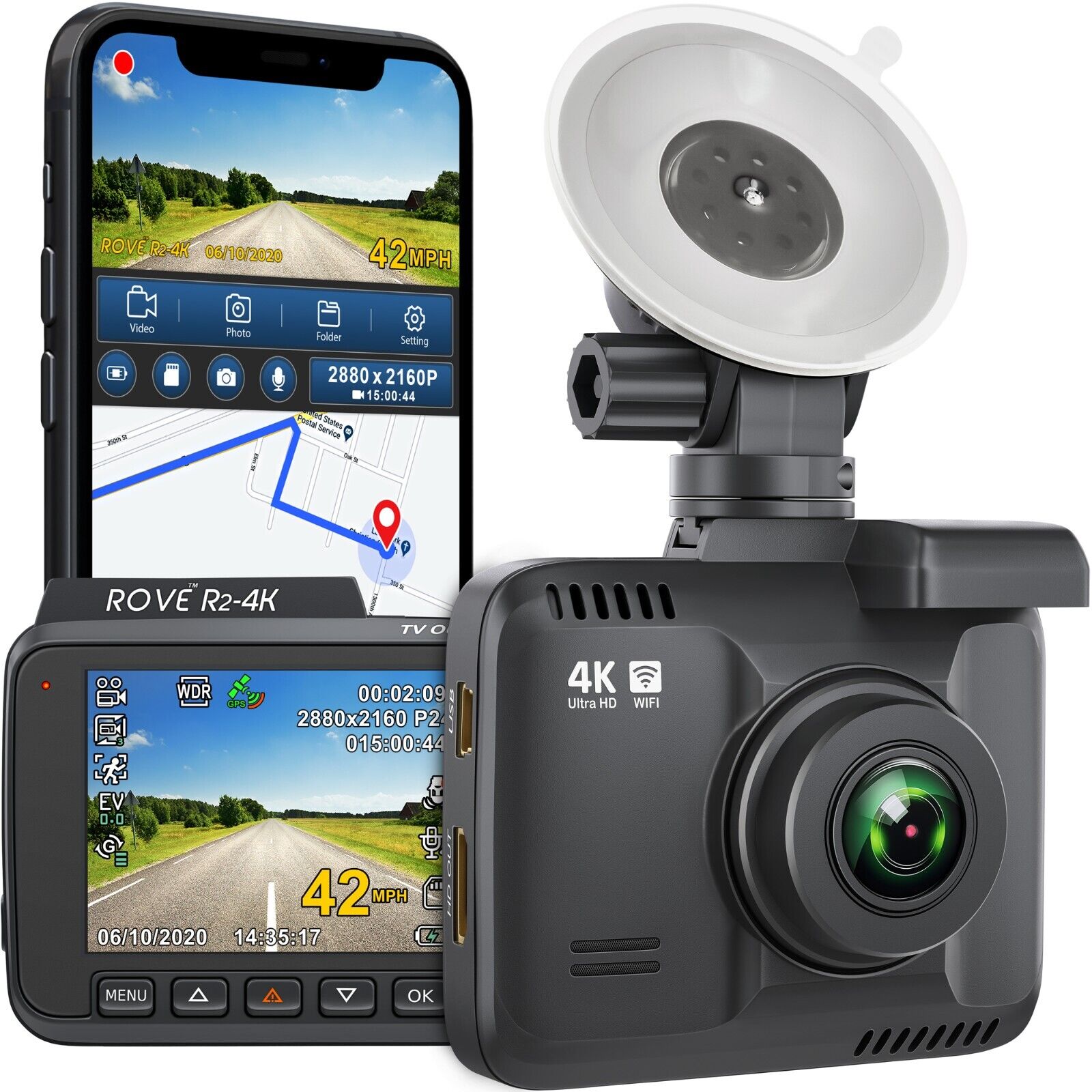 Rove R2-4K Dash Cam for Cars Ultra HD 2160P Dash Camera Built-In Wi-Fi  & GPS