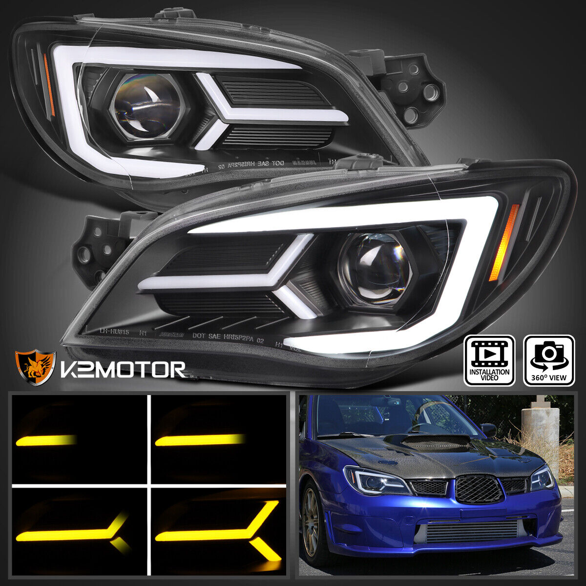 Black Fits 2006-2007 Subaru Impreza WRX STI Projector Headlights LED Sequential