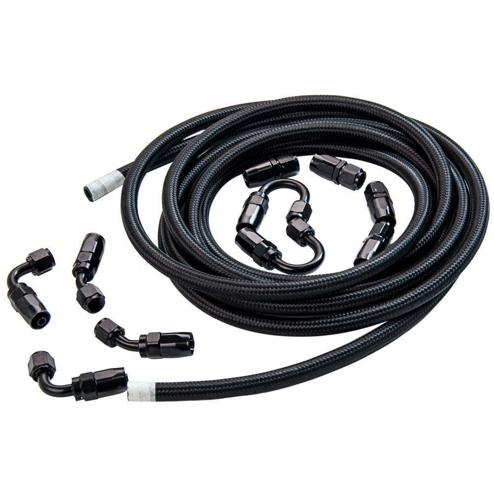 AN6 5M Stainless Steel Braided Oil Fuel Line+ Fitting Hose End Adapter Black