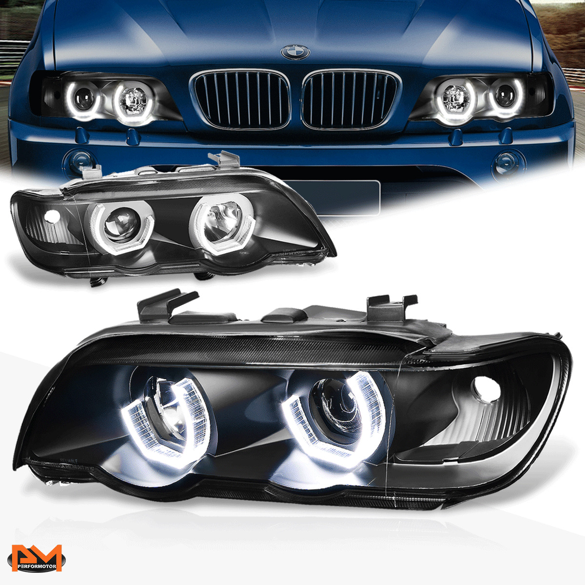 For 00-03 BMW X5 E53 LED 3D U-Halo Projector Headlight Black Housing Clear Lens