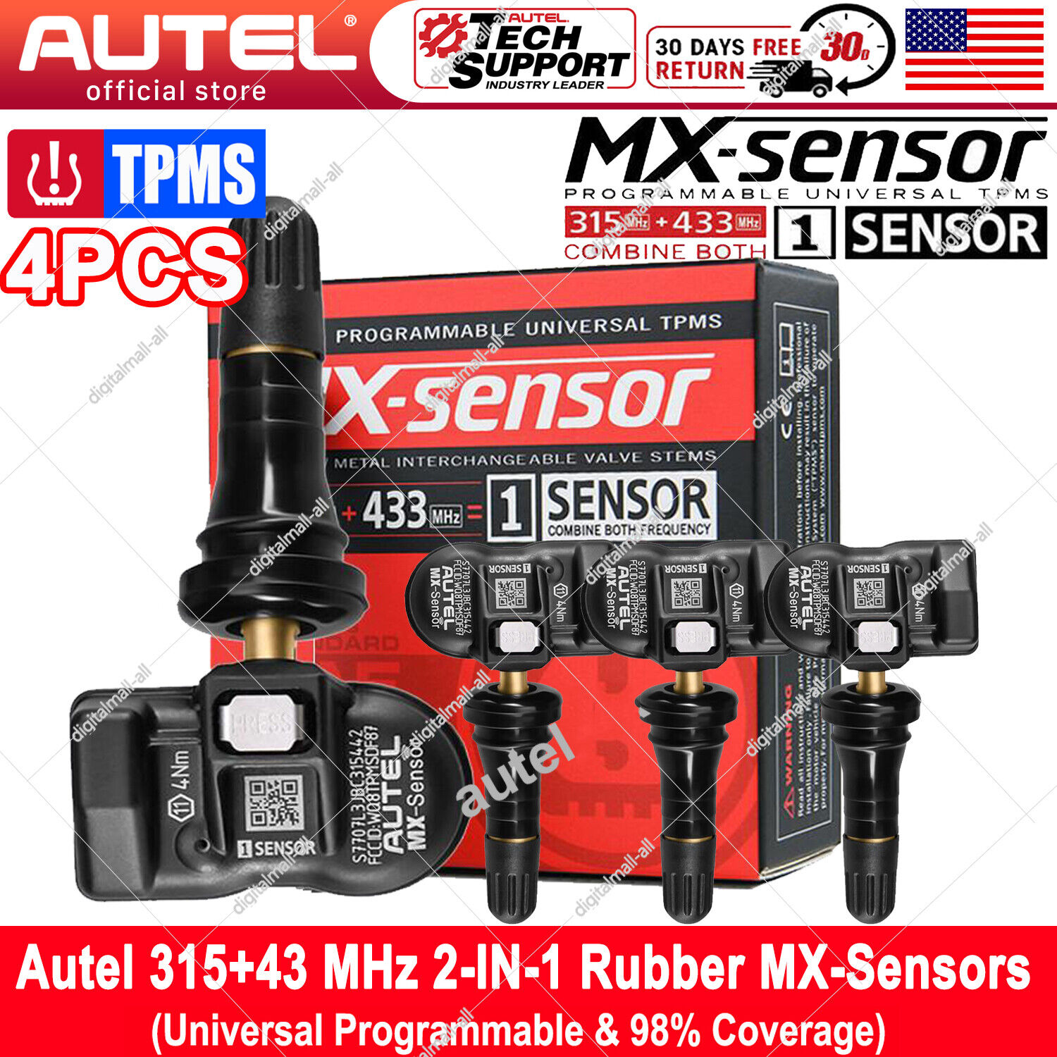 4PCS Autel TPMS MX-Sensor 315MHz+433MHz 2in1 Universal Programmable Rubber Valve