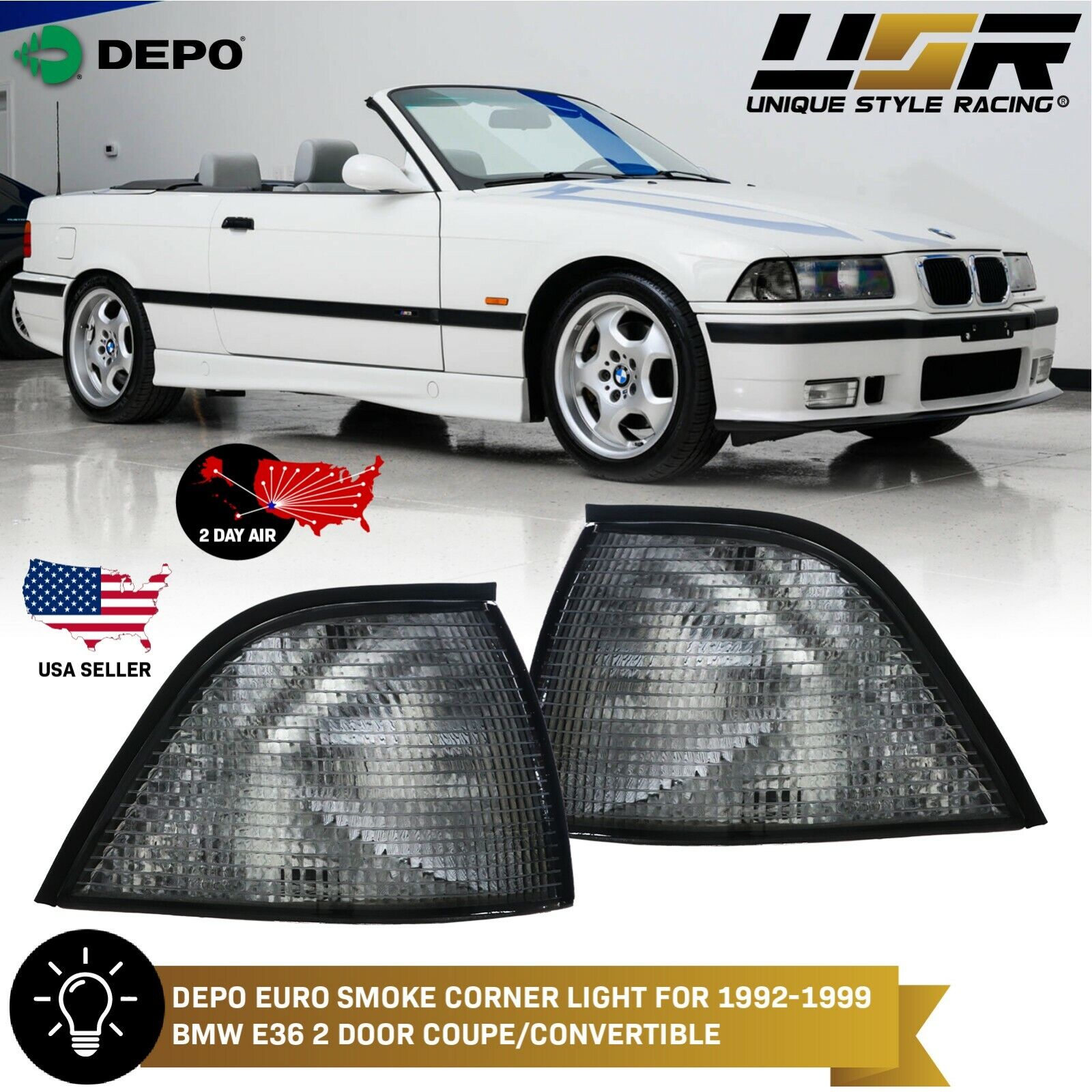 2 Day Air DEPO Euro SMOKE Corner Light Pair For 92-99 BMW E36 2D Coupe/Cabrio M3