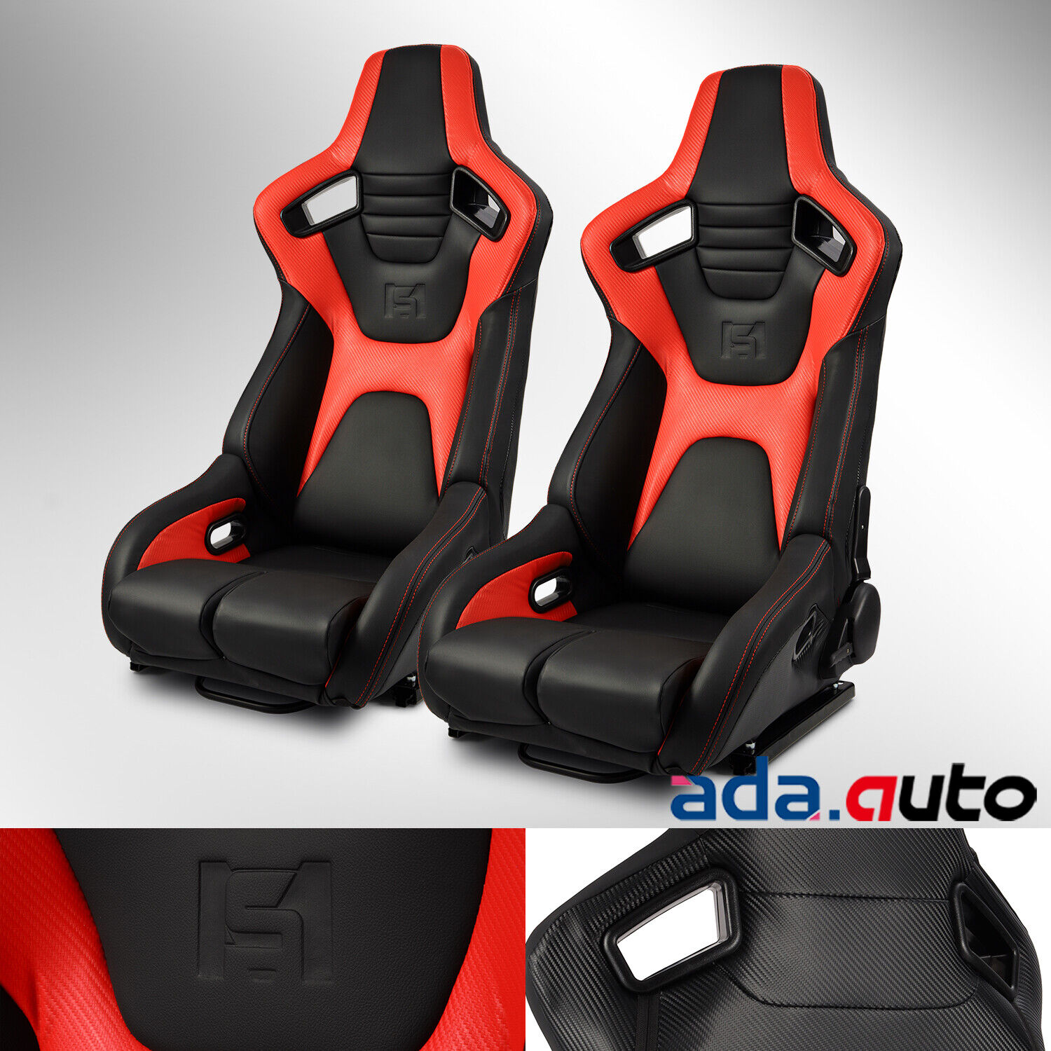 Universal Reclinable Black+Red PVC Carbon Fiber Leather Racing Seats Pair