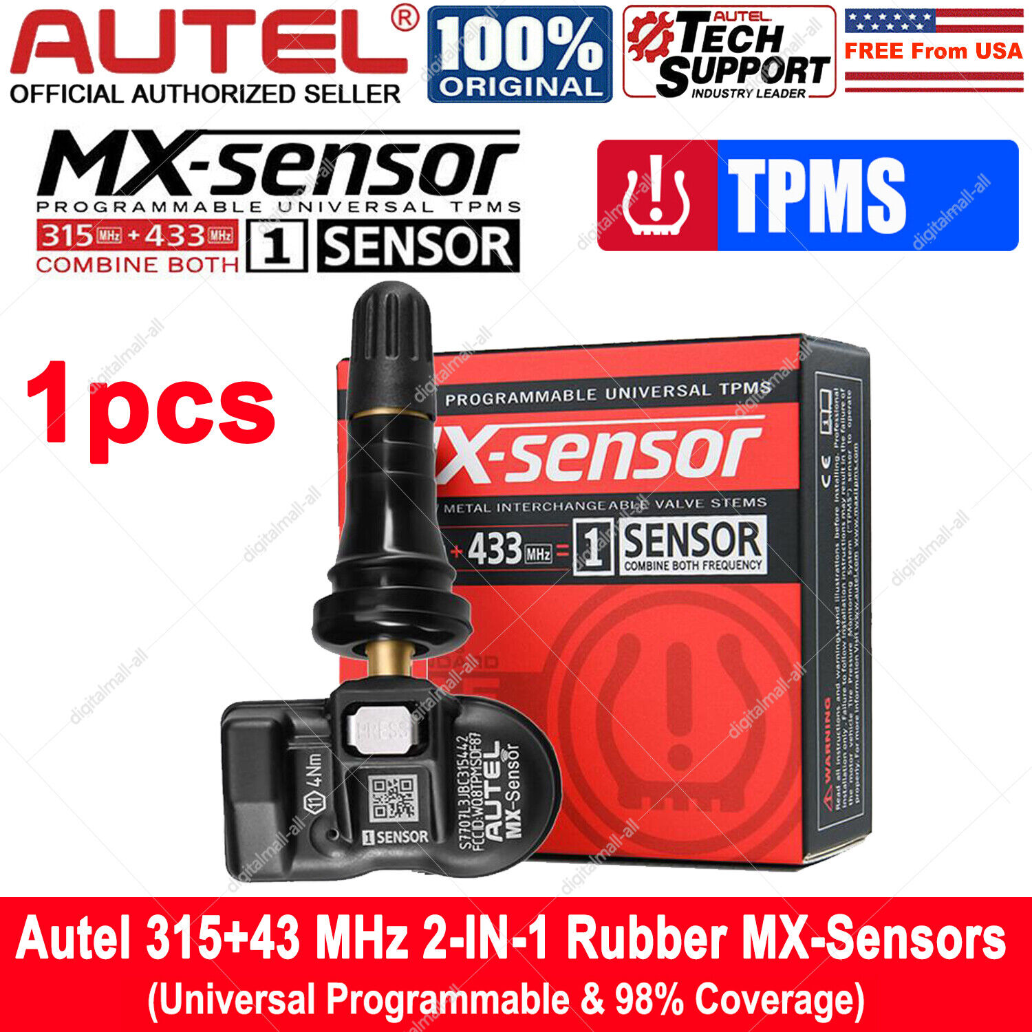 Autel TPMS MX-sensor 433MHz & 315MHz 2-in-1 Universal Programmable Rubber Valve