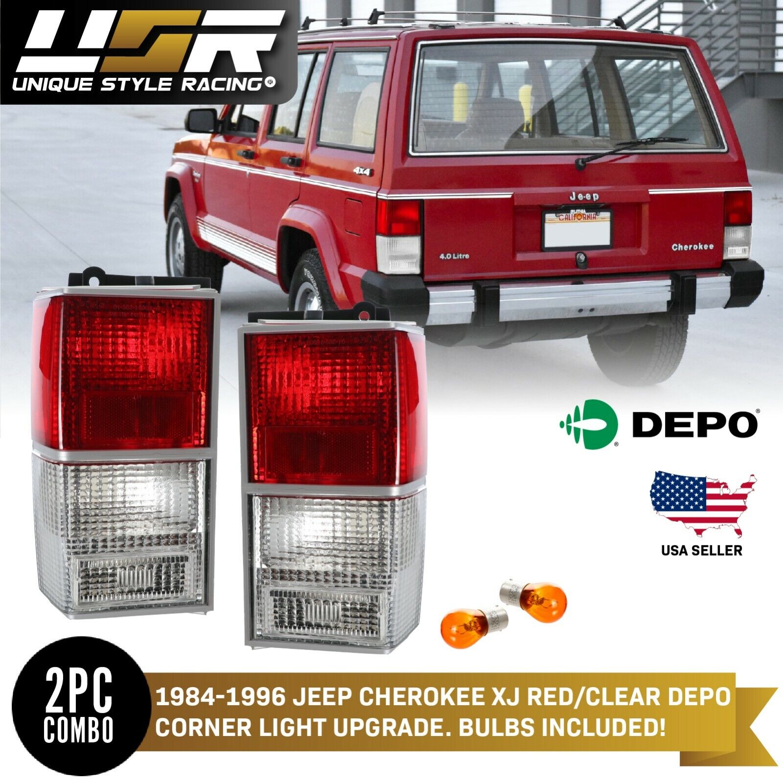 DEPO Euro Style Red/Clear Rear Tail Light Set for 1984-1996 Jeep Cherokee XJ