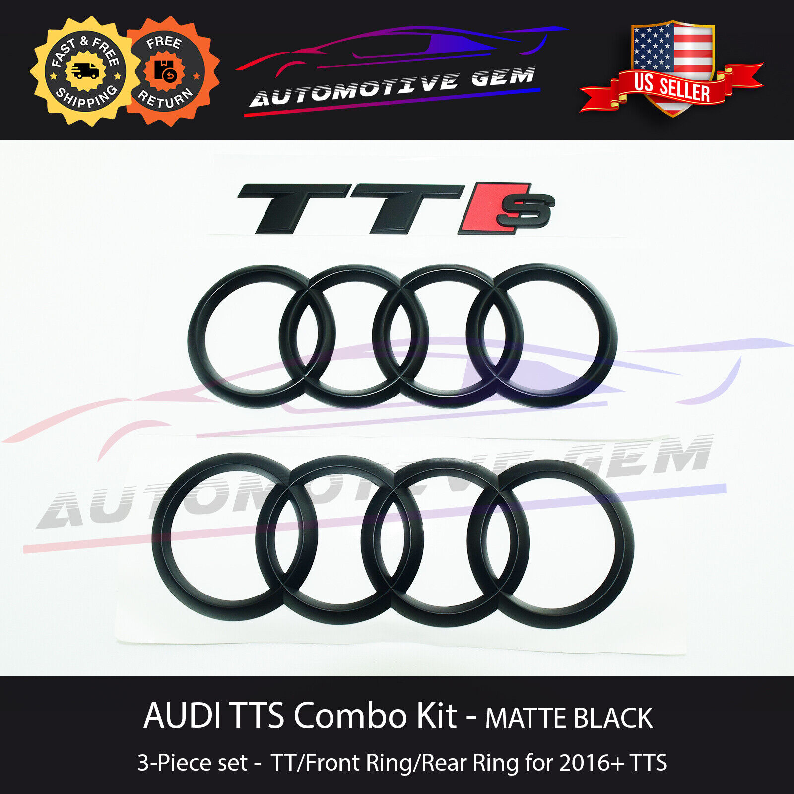 AUDI TTS Hood Trunk Ring Emblem MATTE BLACK S Line quattro Logo Badge Kit 2016+