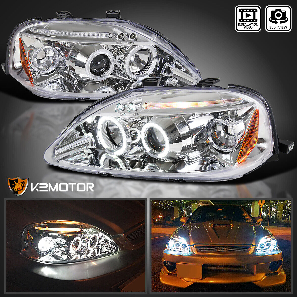 Fits 1999-2000 Honda Civic LED Halo Projector Headlights Lamps Left+Right 99-00