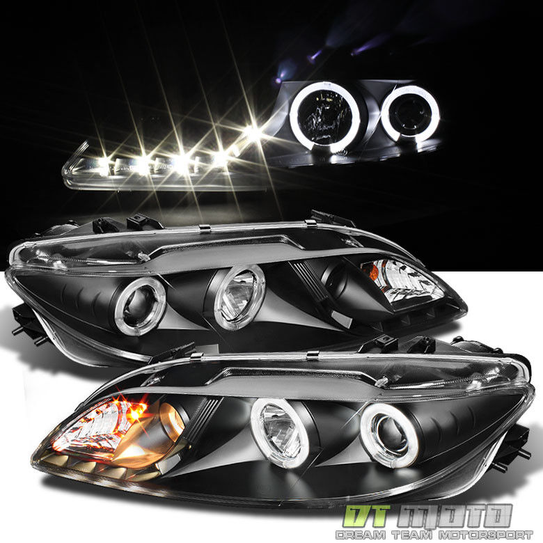 Black 2003-2006 Mazda 6 Mazda6 LED Halo DRL Projector Headlights Headlamps Pair