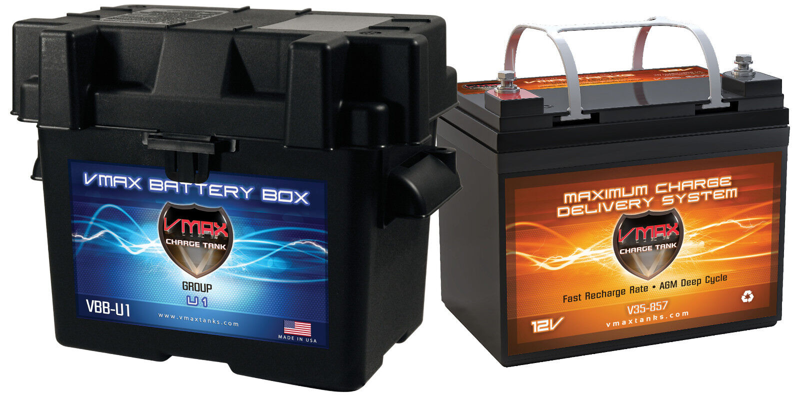 VMAX V35-857 +U1 BOX 35A AGM Battery for Boats & 18-35lb Sevylor Trolling Motors