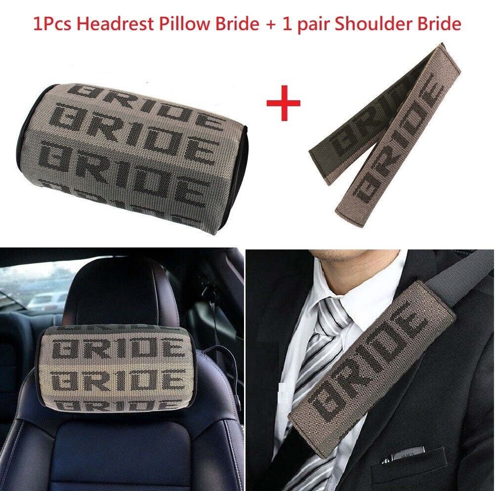 3Pcs BRIDE Gradation Fabric Neck Headrest Pillow & Shoulder Pads Seat Belt Cover