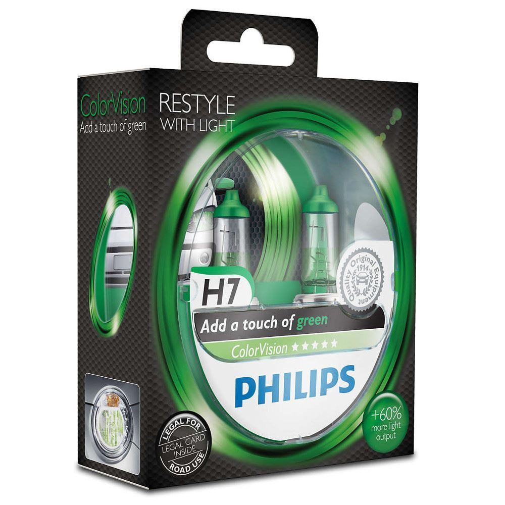 Philips Color Vision Green H7 (477) Headlight Bulb 12972CVPBS2 Twin Pack