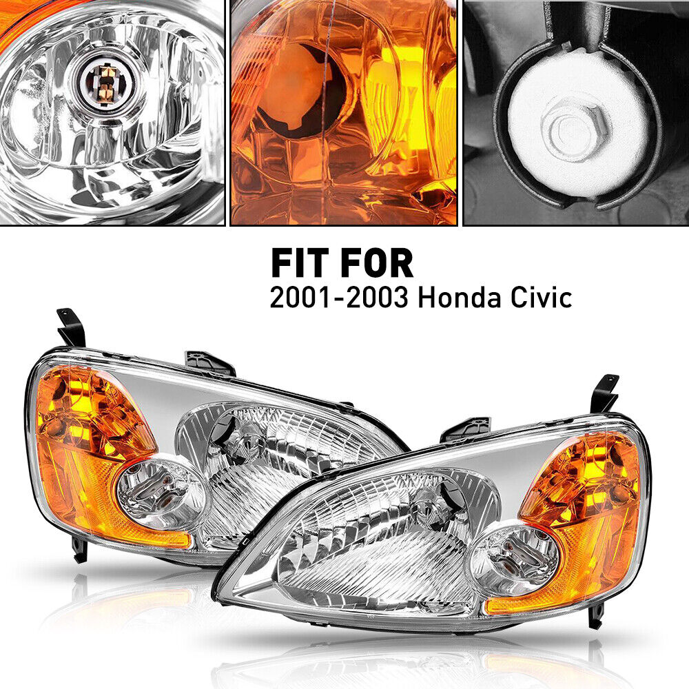Fits 01-03 Honda Civic 4-Door Sedan New Headlights Headlamps Set