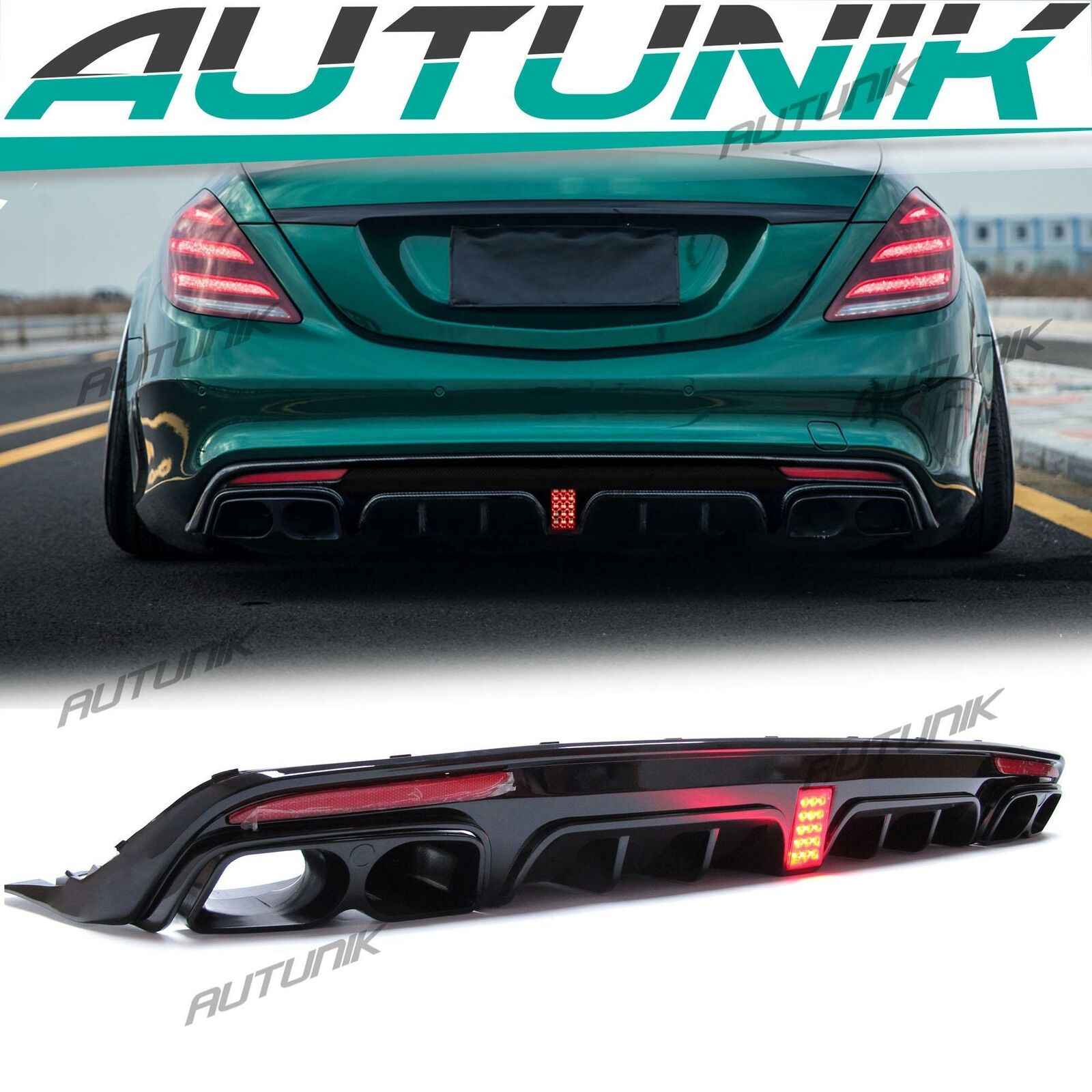 For 2013-2017 Mercedes W222 S550 S63 S65 AMG Exhaust Tips + Diffuser Gloss Black