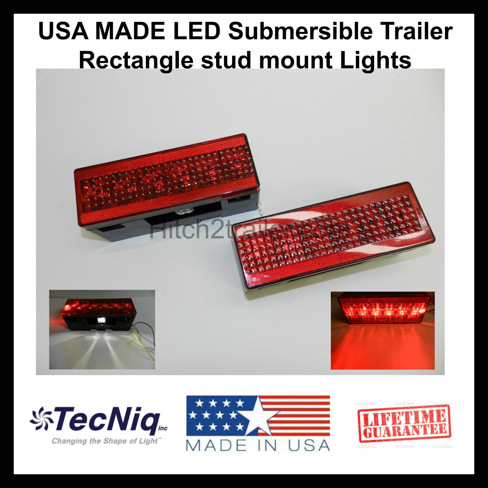 (1) Pair LED Submersible Trailer Rectangle stud Lights Stop, Turn, Tail USA MADE