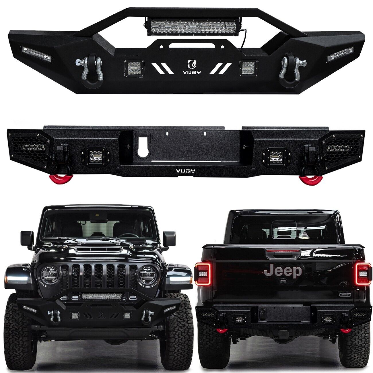 Vijay For 2020-2024 Jeep Gladiator JT Steel Front and Rear Bumper with LED Light