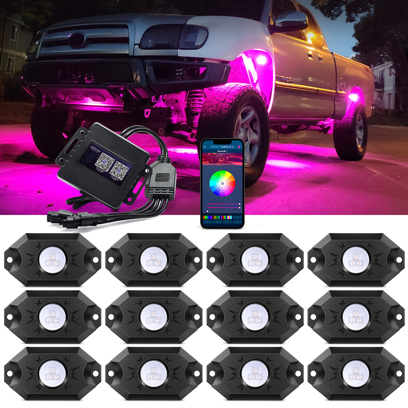 12Pod RGB LED Rock Pods Light Underbody Glow Lamp SUV Offroad Pickup Truck UTV