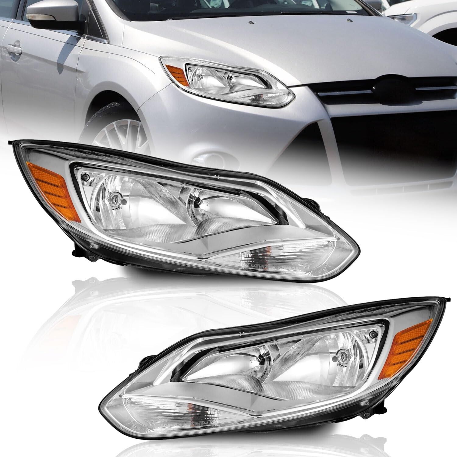 WEELMOTO Headlights Assembly For 2012-2014 Ford Focus Pair Headlamp Left+Right