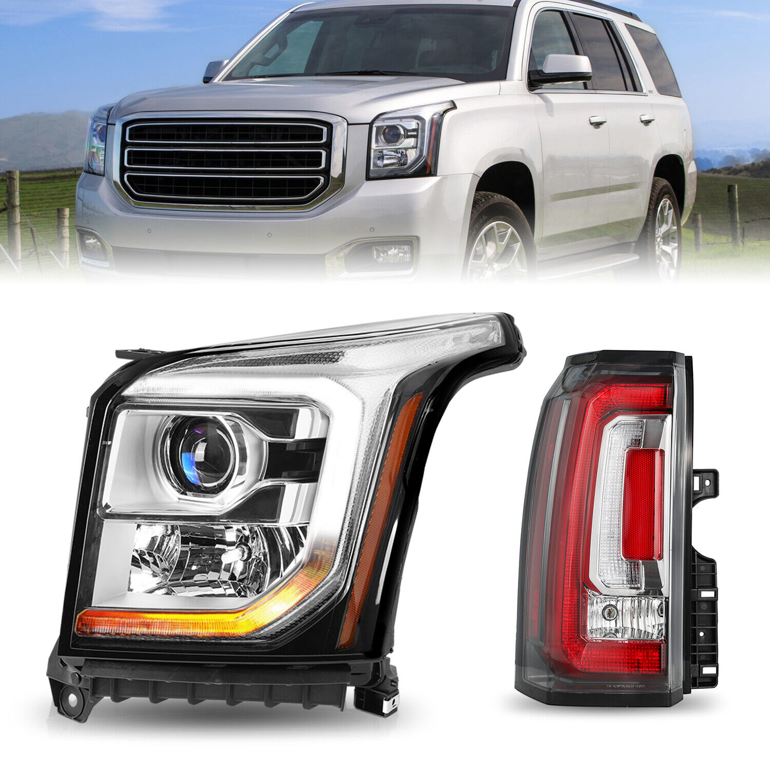 For 2015-2020 GMC Yukon Halogen w/ LED DRL Headlight+Tail light Left Driver Side