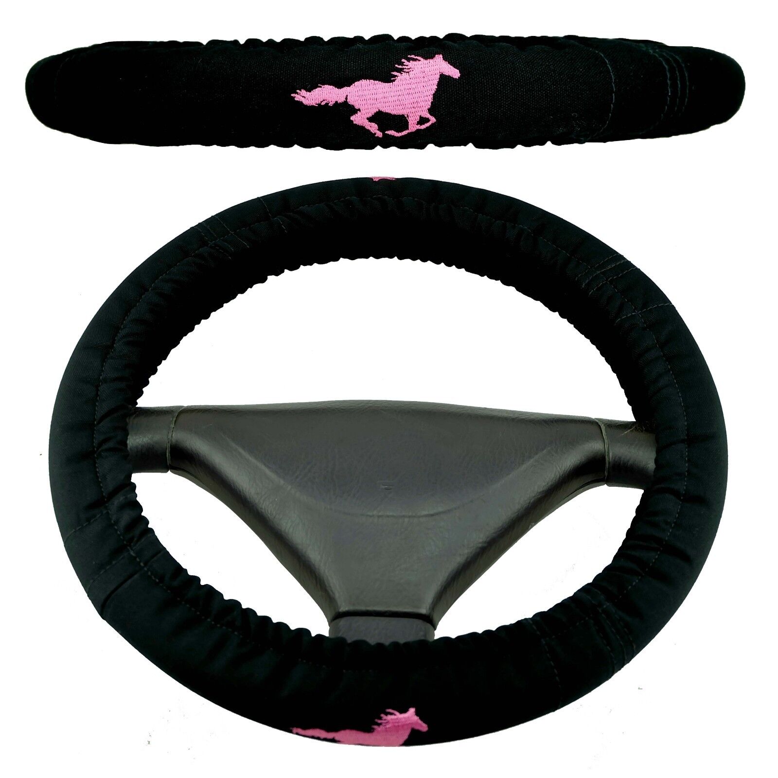 Car Steering Wheel Cover Black with an Embroidered Horse