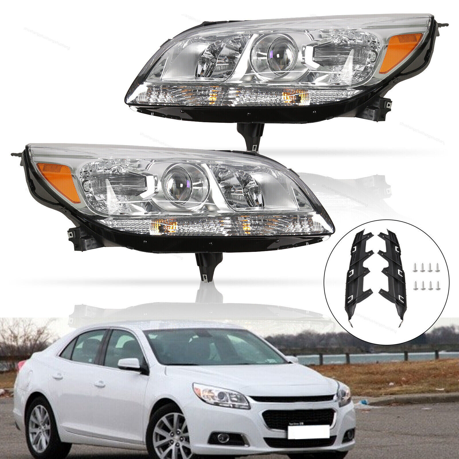 Pair Headlight For 2013-2015 Chevy Malibu Limited Projector Chrome LT LS w/Bulbs