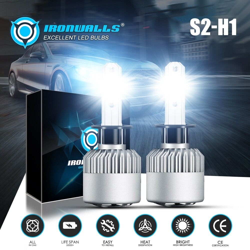 2pcs IRONWALLS H1 LED Headlight Bulbs Kit 2400W 360000LM Super Bright Hi/Lo Beam