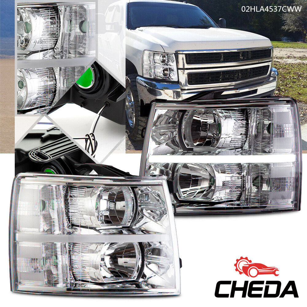 1 Pair Fit For 07-14 Chevy Silverado 1500/2500/3500 LED DRL Strip Headlights