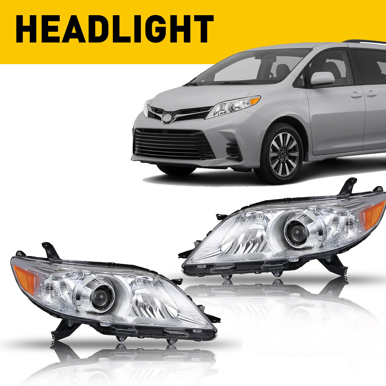 Headlights Pair For Toyota Sienna 2011-2020 Chrome Housing Lamps Left & Right 
