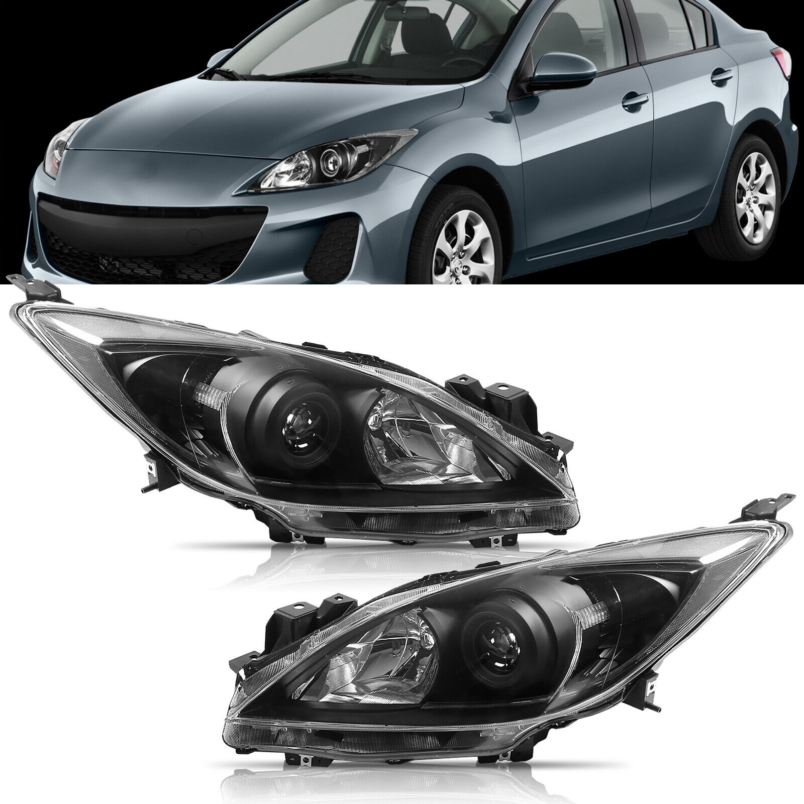 VICTOCAR Halogen Black Headlights Head Lamps Set Fit For 2010-2013 Mazda 3