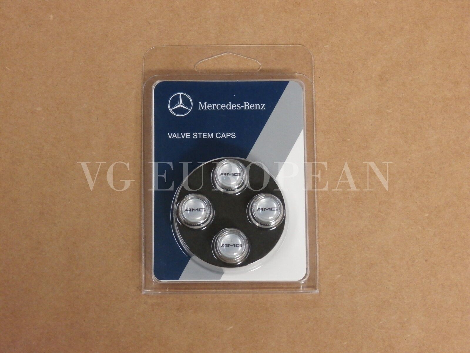 Mercedes-Benz Genuine Tire Valve Stem Cap Set, Black AMG on Silver caps OEM