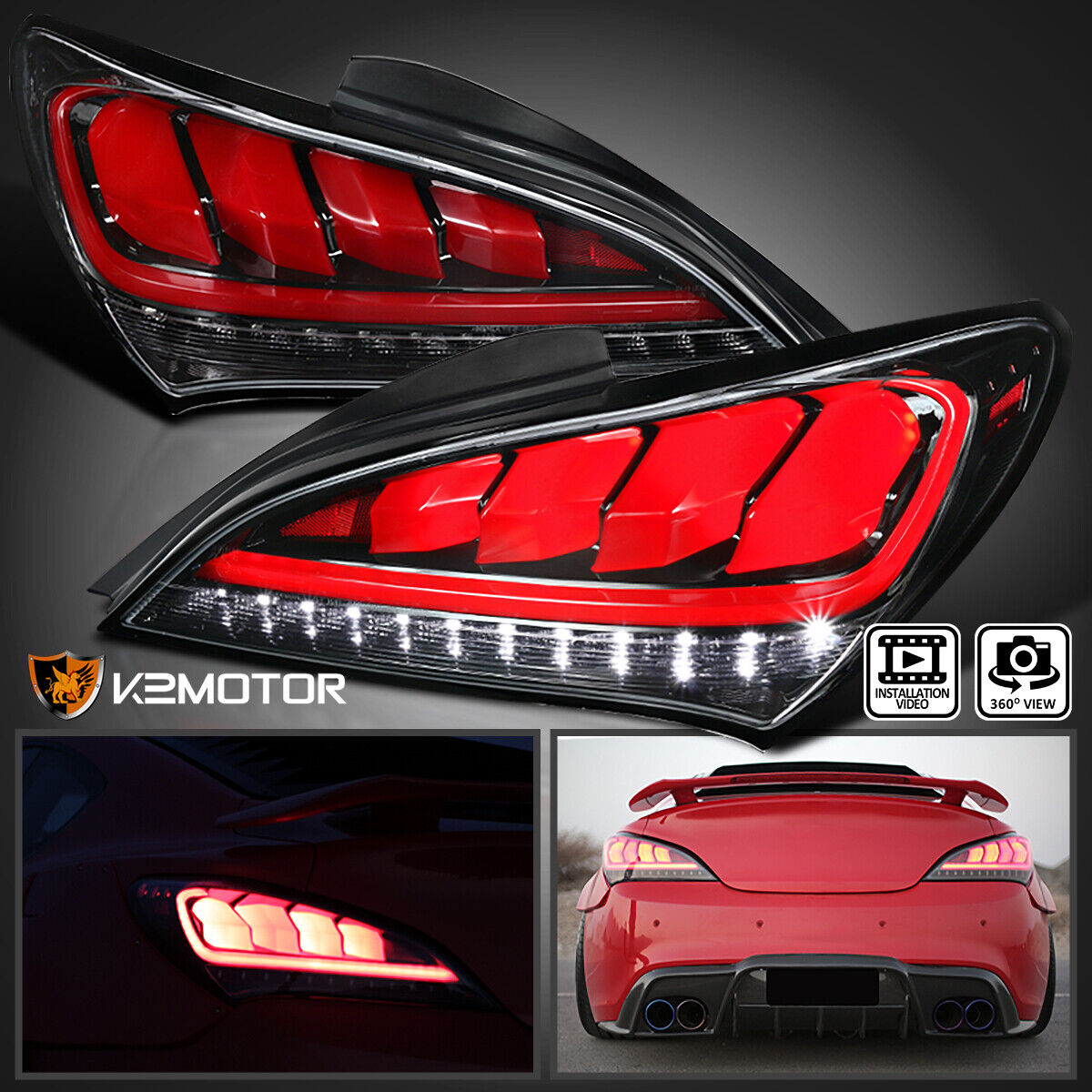 Jet Black Fits 2010-2016 Hyundai Genesis Coupe 2Dr LED Sequential Tail Lights