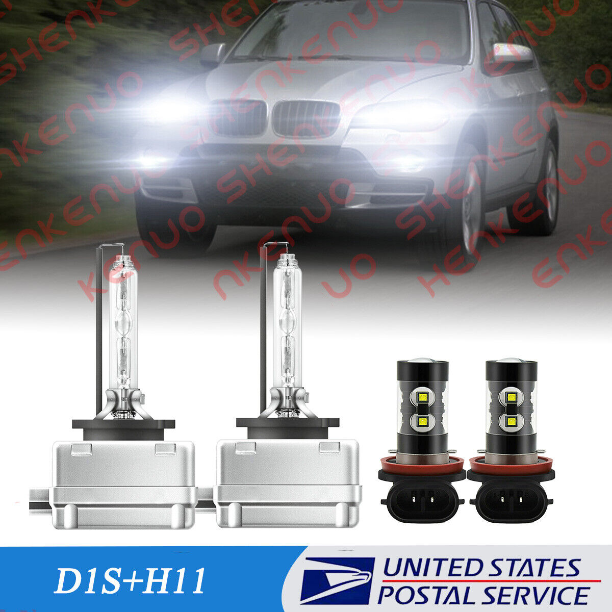 For BMW X5 2007-2015 White Front HID Headlight High-Low + LED Fog Light Bulbs