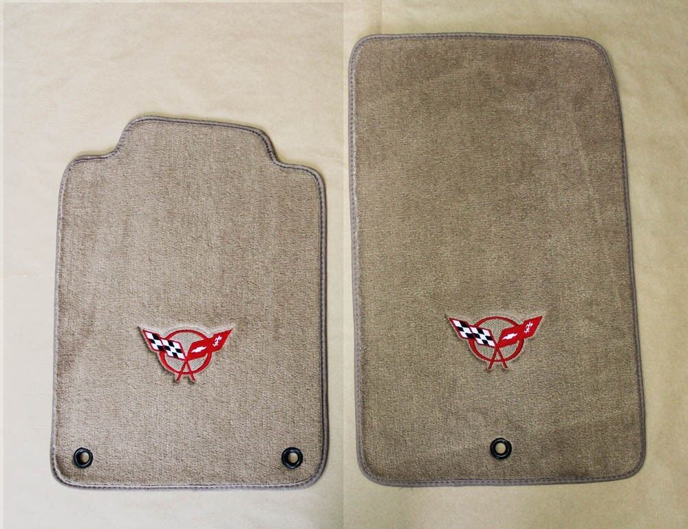 NEW Tan Floor Mats 1998 - 2004 Corvette Embroidered Circle Emblem Logo in Red