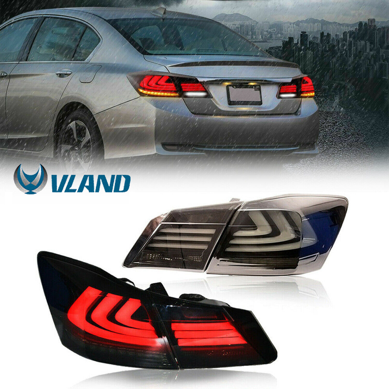 Pair Smoke/Tinted LED Tail Lights Rear For 2013-2015 Honda Accord 4 Door Sedan