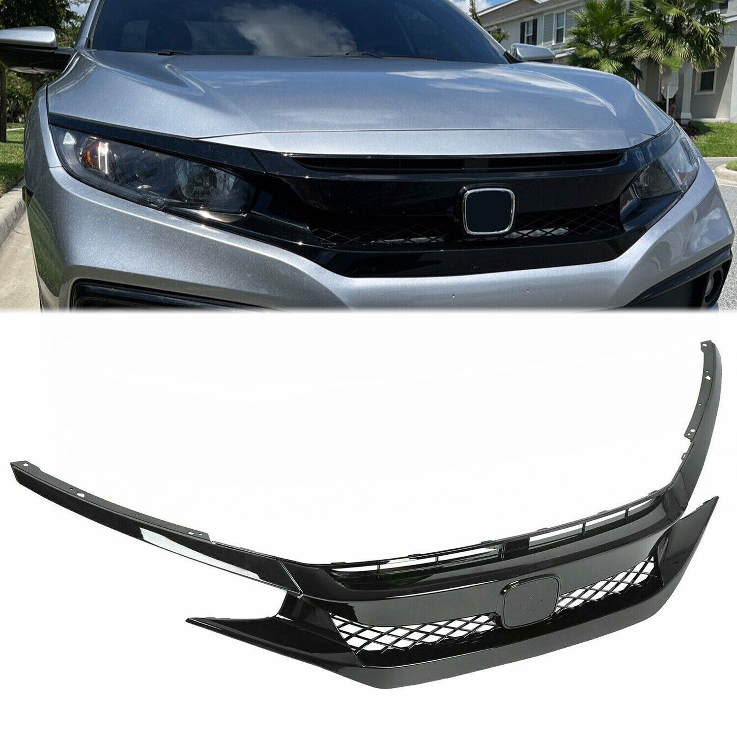 FOR 19-21 HONDA CIVIC COUPE SEDAN EX TYPE-R STYLE GLOSS BLACK MESH FRONT GRILLE
